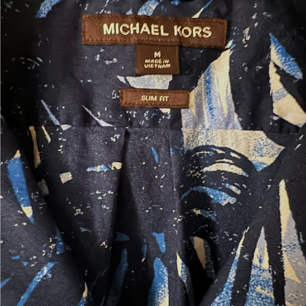 Michael Kors‎ Blue Tropical Leaf Print Men's Button Down Short Sleeved Shirt - Picture 2 of 6